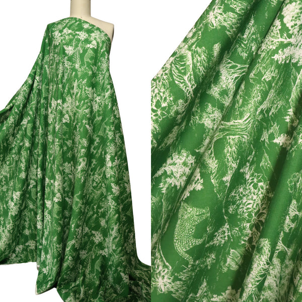 EXCLUSIVE 90% Linen 10% Silk –Toile de Jouy ~ 'Safari' Forest Green REVERSE